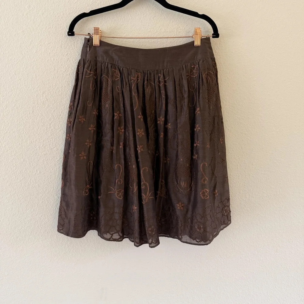 Chan Luu Y2K Embroidered Peasant Skirt Womens S Chocolate Brown Floral Boho Midi